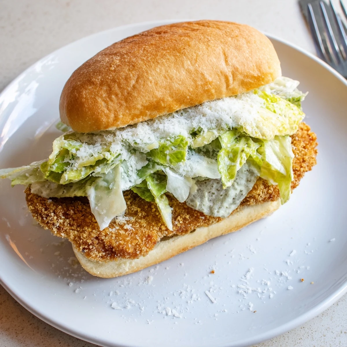 Crispy Chicken Caesar Sandwich Recipe: golden fried chicken, crisp romaine, toasted brioche