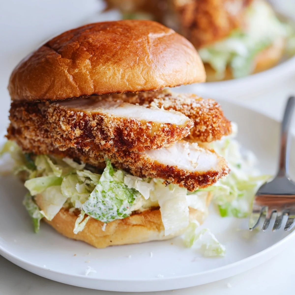 Close-up of Crispy Chicken Caesar Sandwich Recipe on toasted bun, dripping creamy dressing