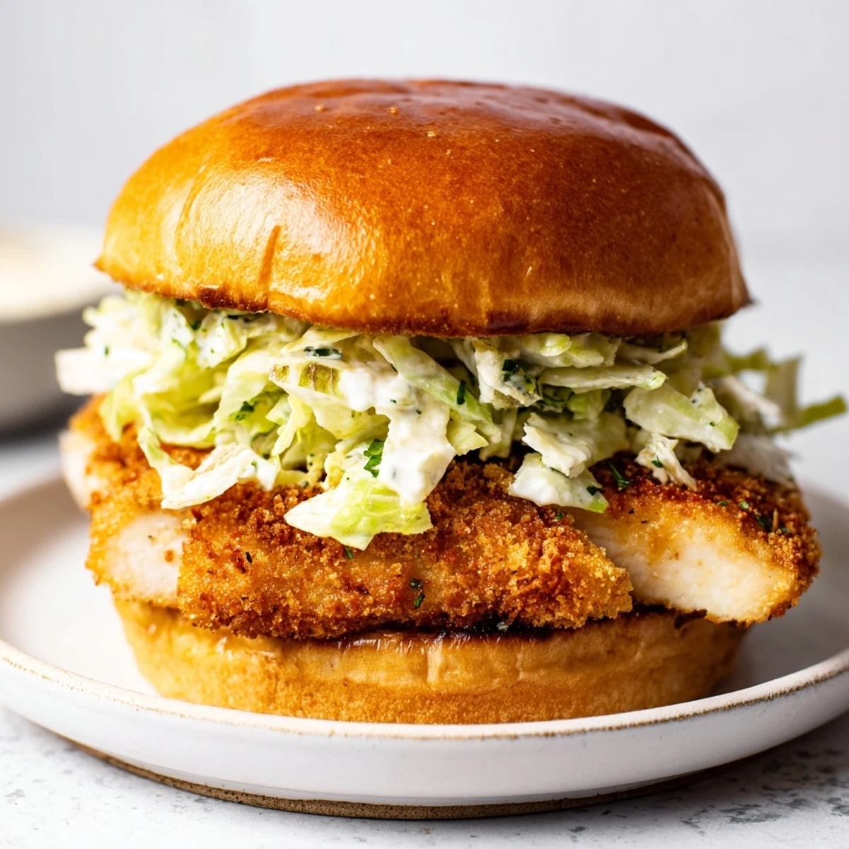 Plated Crispy Chicken Caesar Sandwich Recipe with crunchy panko crust and creamy dressing