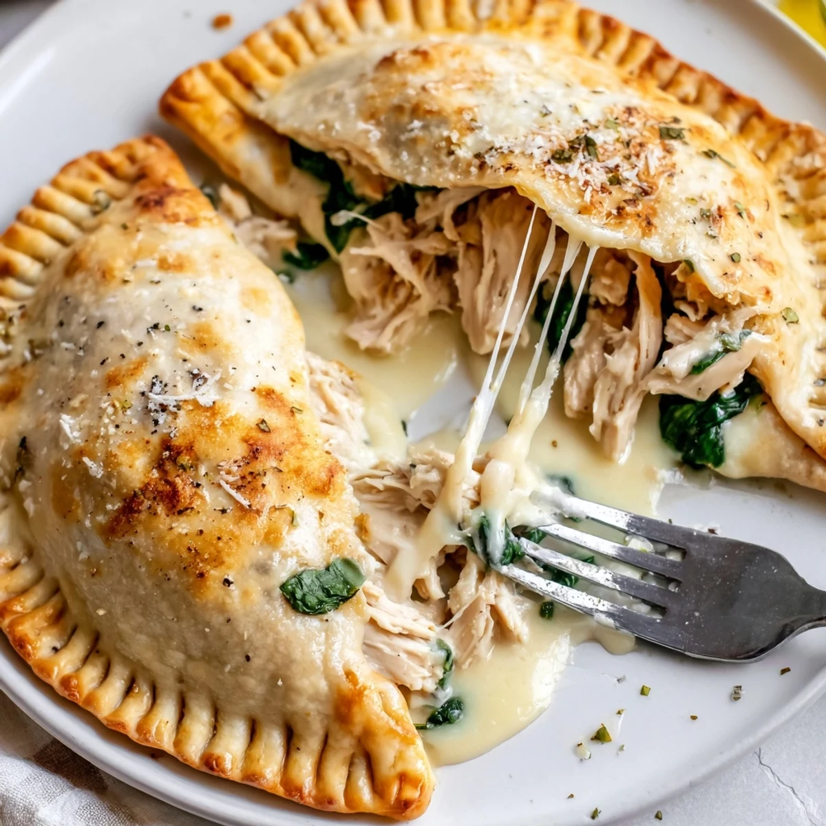Crispy Cheesy Chicken Alfredo Air Fryer Calzones with bubbling cheese and golden crust