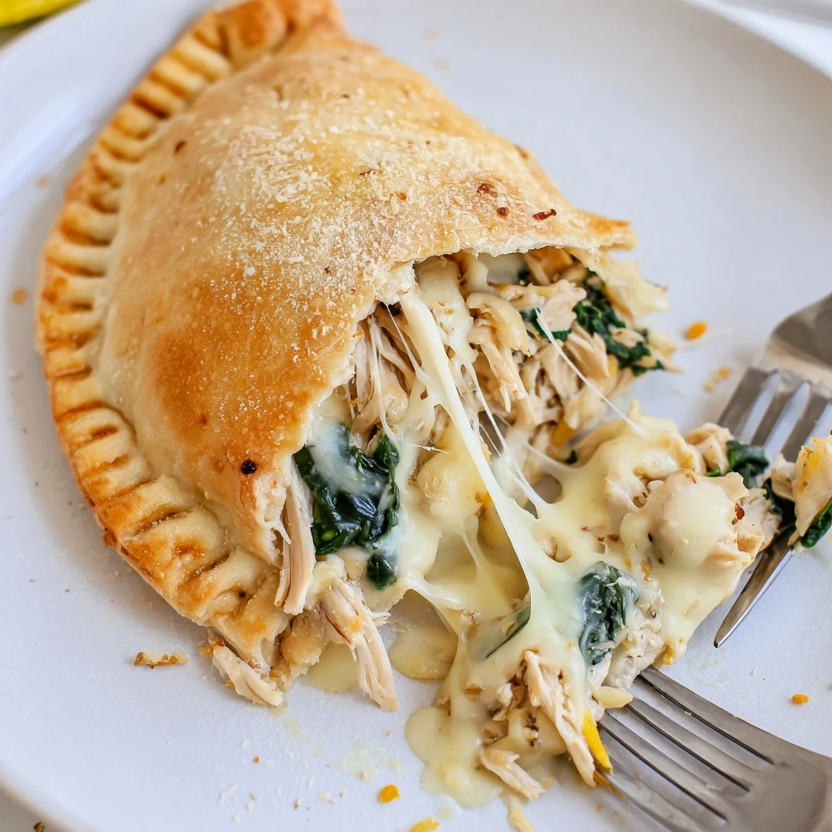 Bite into Crispy Cheesy Chicken Alfredo Air Fryer Calzones, steaming gooey center