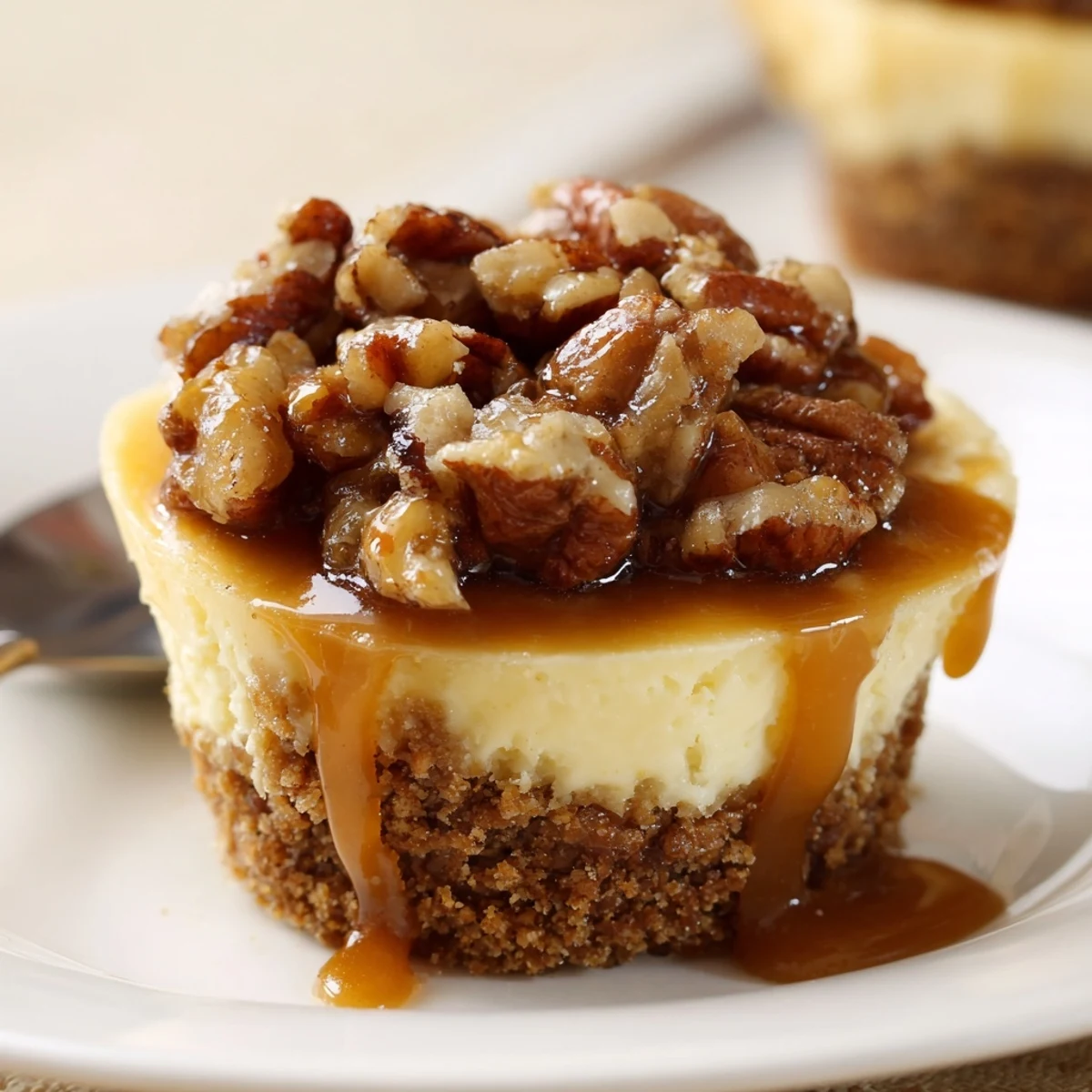 Chilled Mini Pecan Pie Cheesecakes topped with sticky caramel and toasted pecans