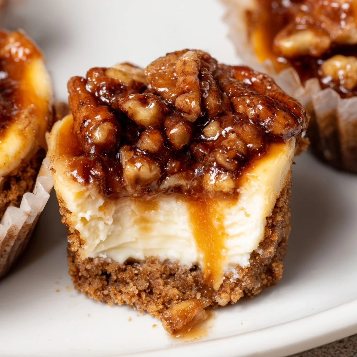 Mini Pecan Pie Cheesecakes with glossy pecan topping and golden graham crust
