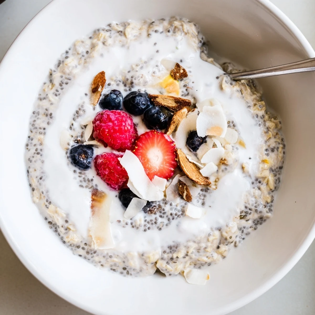 Chilled, creamy Healthy Coconut Cream Overnight Oats garnished with toasted coconut flakes