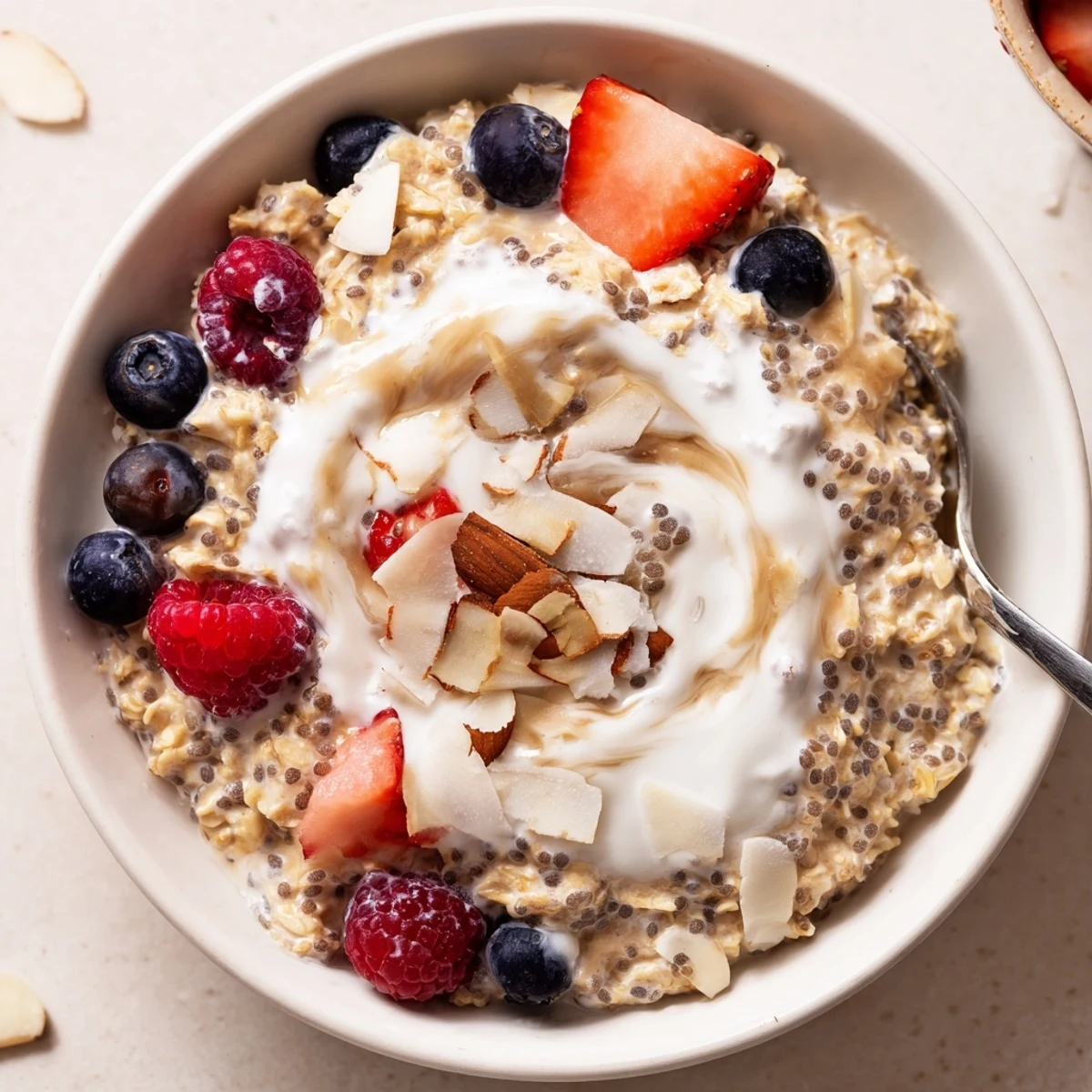 Mason jars of Healthy Coconut Cream Overnight Oats layered with almond milk and chia