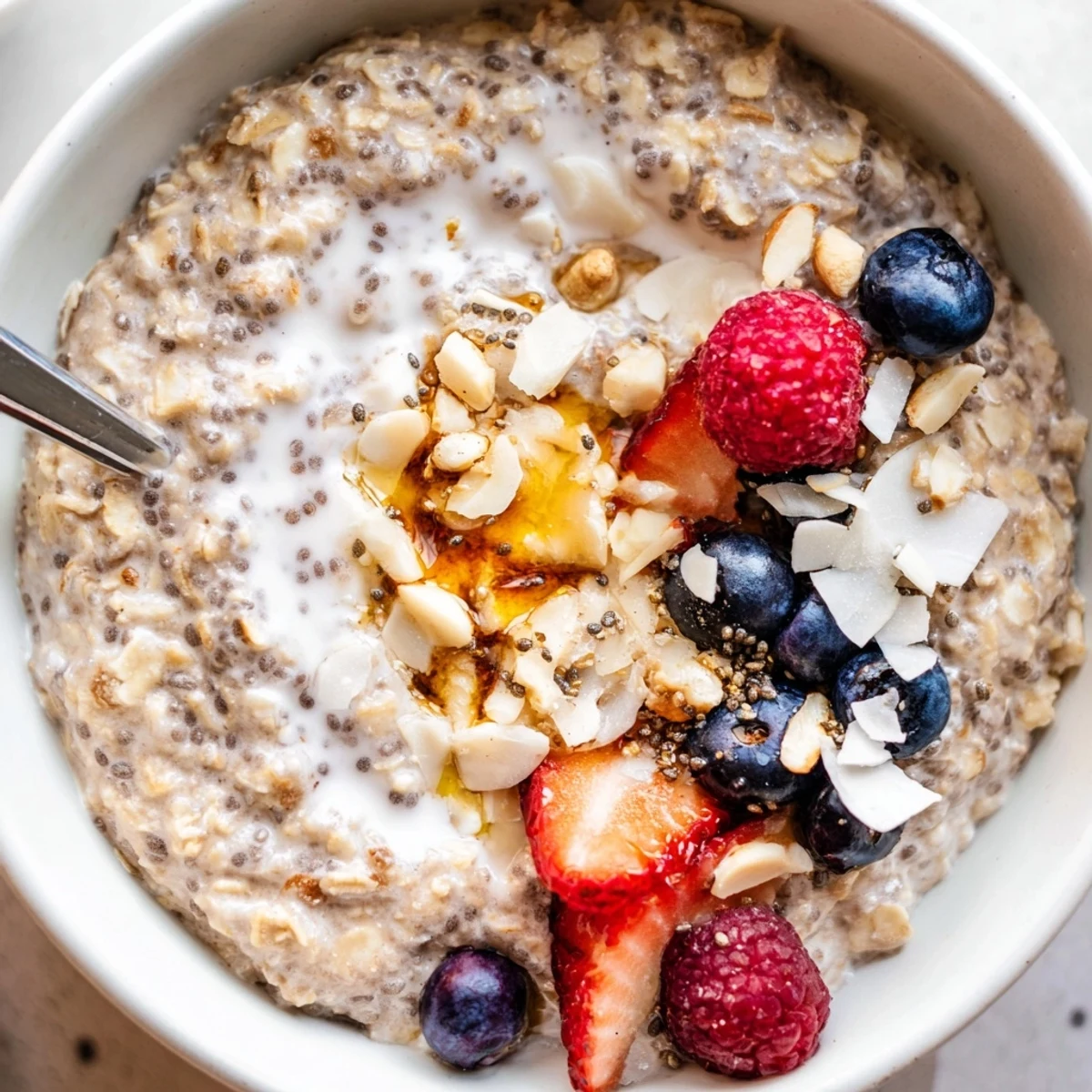Healthy Coconut Cream Overnight Oats spooned into bowls, silky texture, topped with berries
