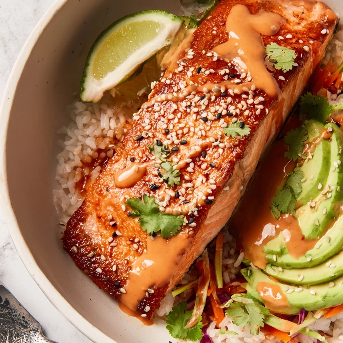 Bang Bang Salmon Bowls recipe featuring flaky roasted salmon, rice, zesty lime