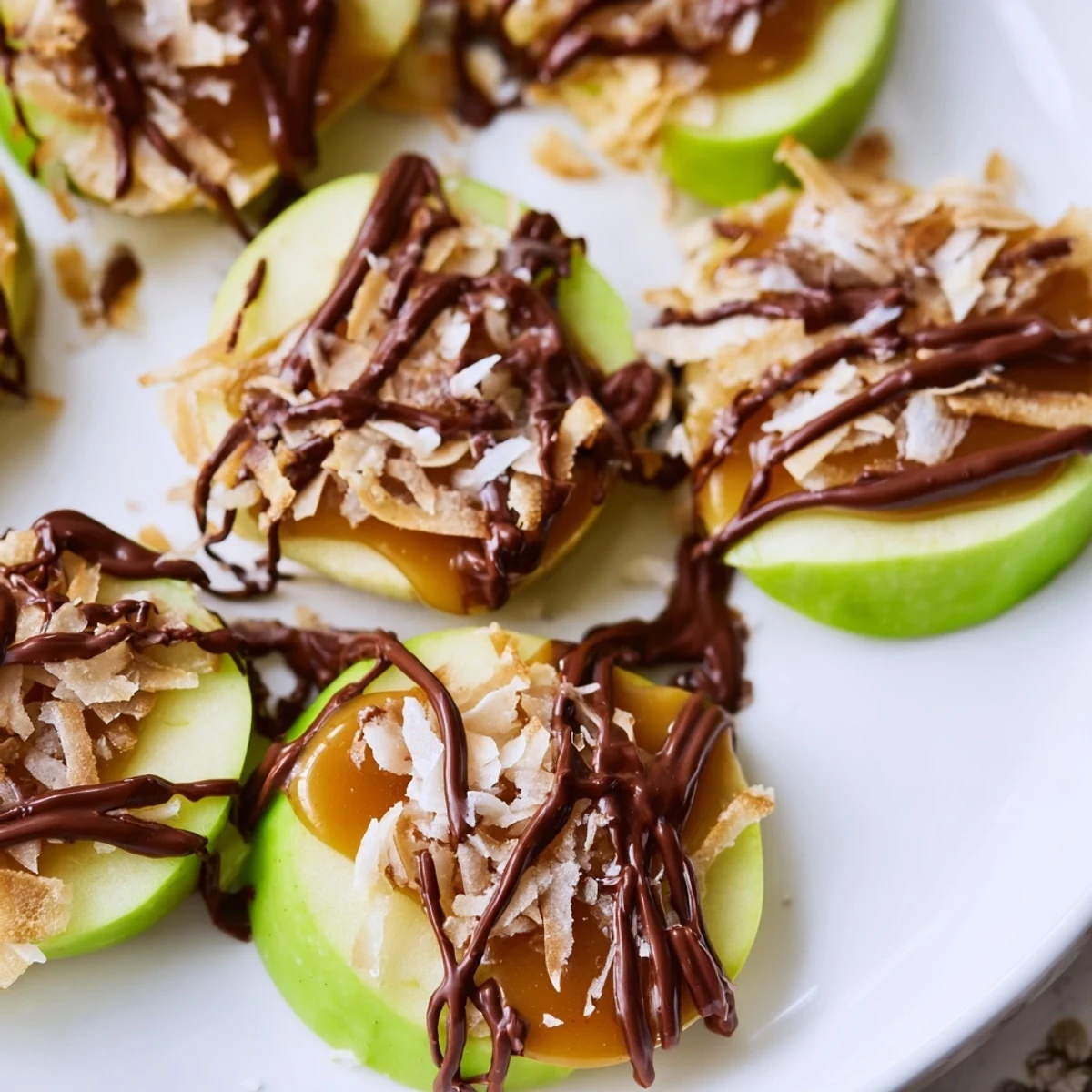 Samoa Apple Slices arranged on parchment, glossy caramel, toasted coconut aroma