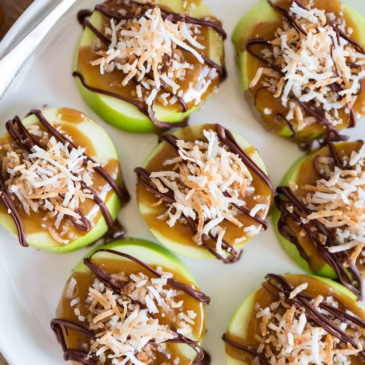 Party-ready Samoa Apple Slices on tray, sprinkled coconut and pecan crunch