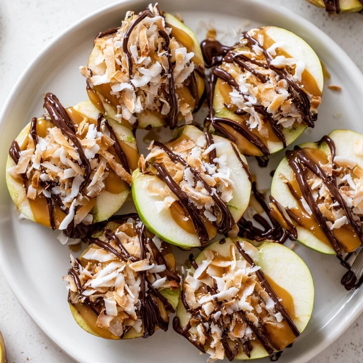 Crisp Samoa Apple Slices topped with warm caramel and chocolate drizzle