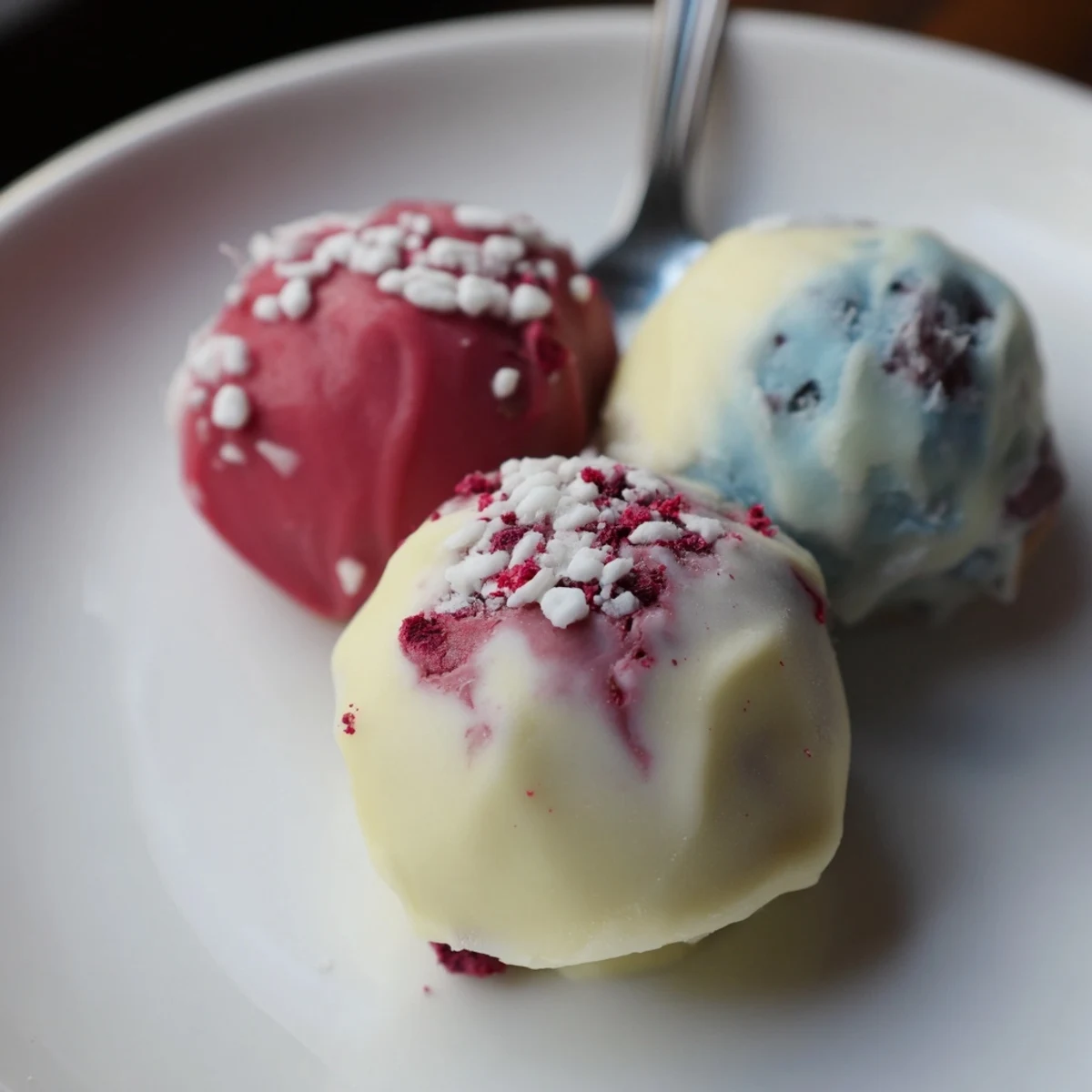 Stacked July truffles with raspberry and blueberry bursts, dusted white sprinkles