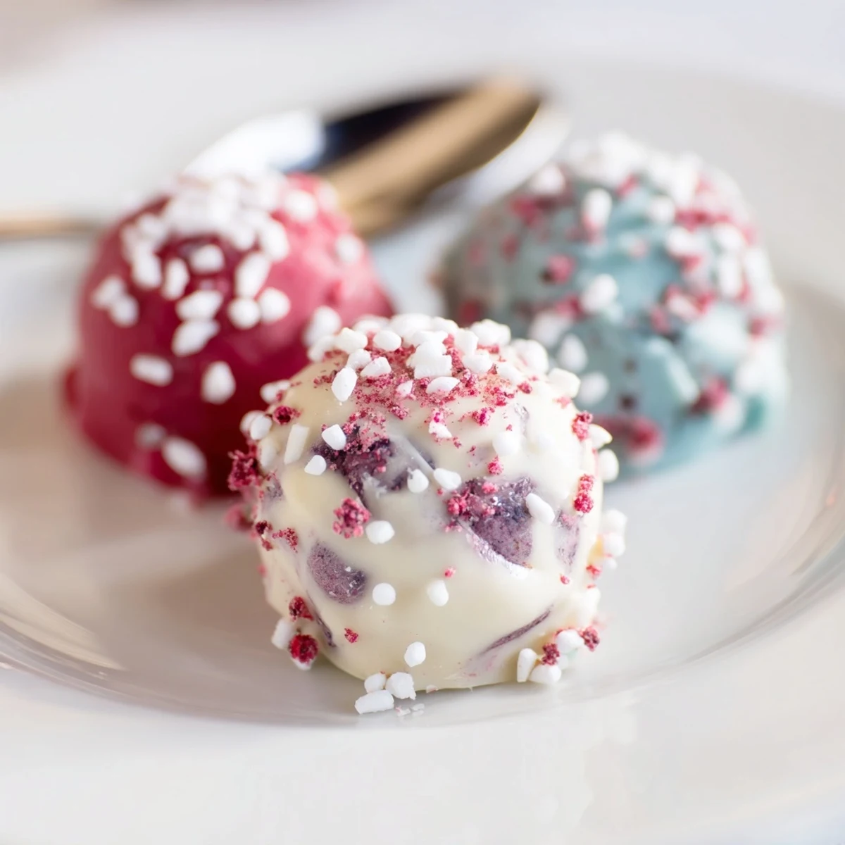 Hand-rolled July truffles showing creamy white chocolate center, patriotic colors
