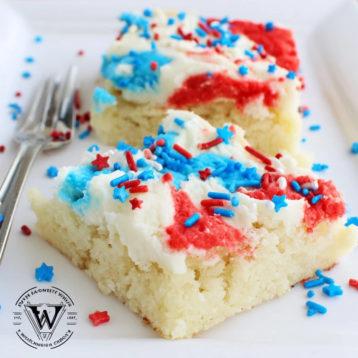 Fresh-baked Patriotic Sugar Cookie Bars cooling on wire rack, sprinkles glistening  