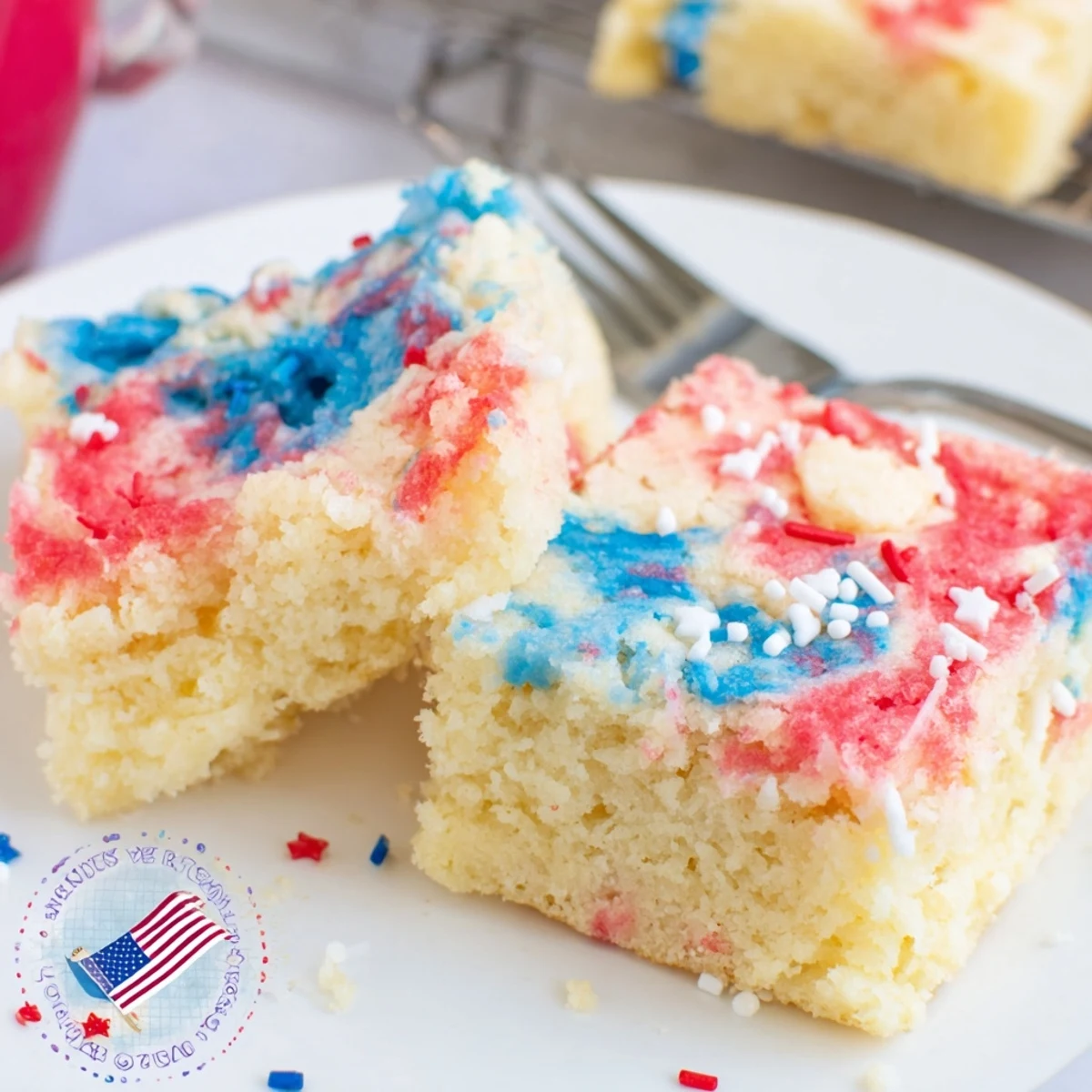 Buttery Patriotic Sugar Cookie Bars cut into squares, perfect for backyard picnics
