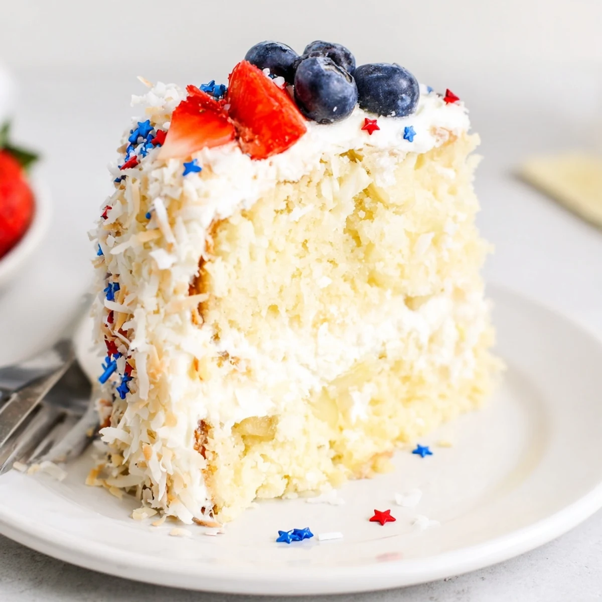 Pineapple Coconut God Bless America Cake with toasted coconut and berries.