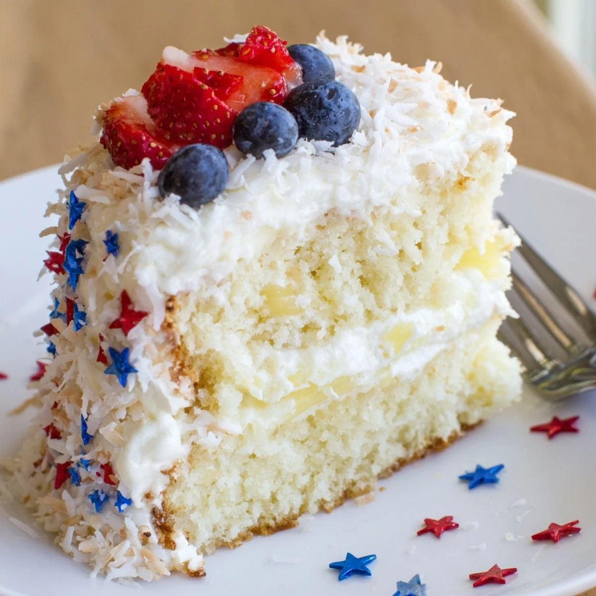 Close-up of Pineapple Coconut God Bless America Cake revealing juicy pineapple filling.