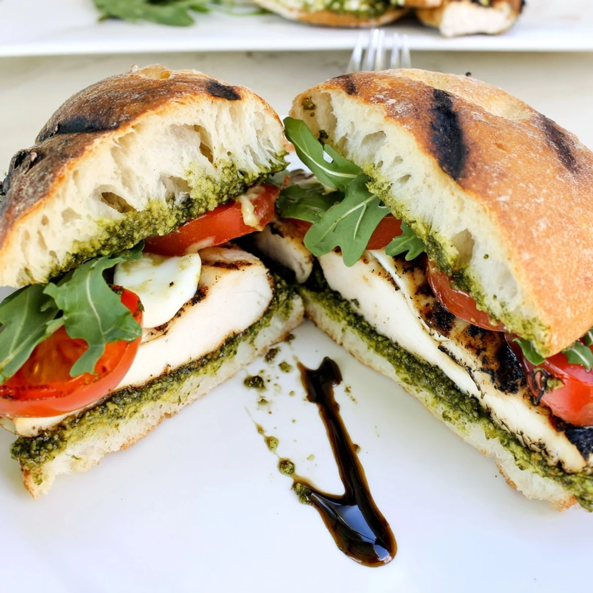 Grilled Chicken Pesto Sandwich with melted mozzarella, charred grill marks, arugula.