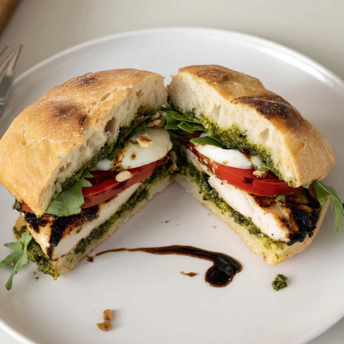 Warm Grilled Chicken Pesto Sandwich layered with tomato slices and balsamic drizzle.