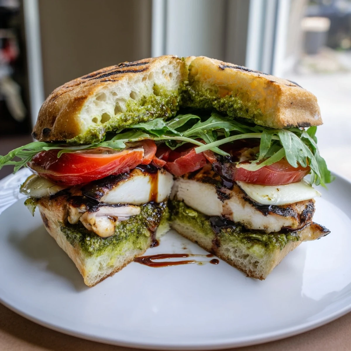 Toasted ciabatta holds a Grilled Chicken Pesto Sandwich with juicy chicken and basil.