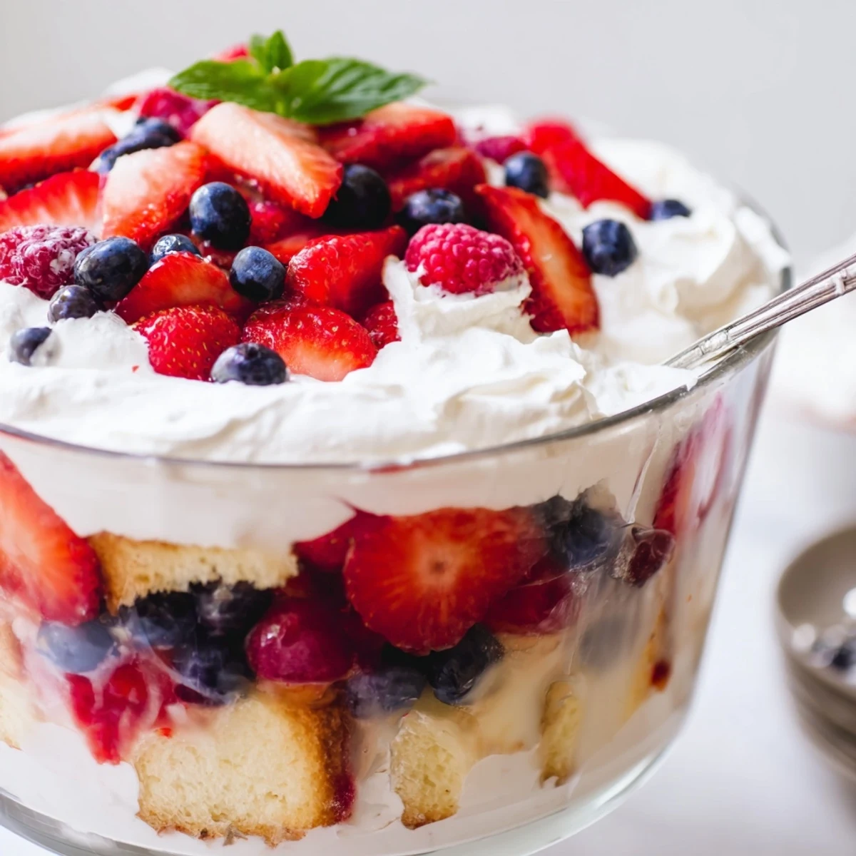 Berry Vanilla Cream Trifle layered with juicy berries, sponge cake, whipped cream