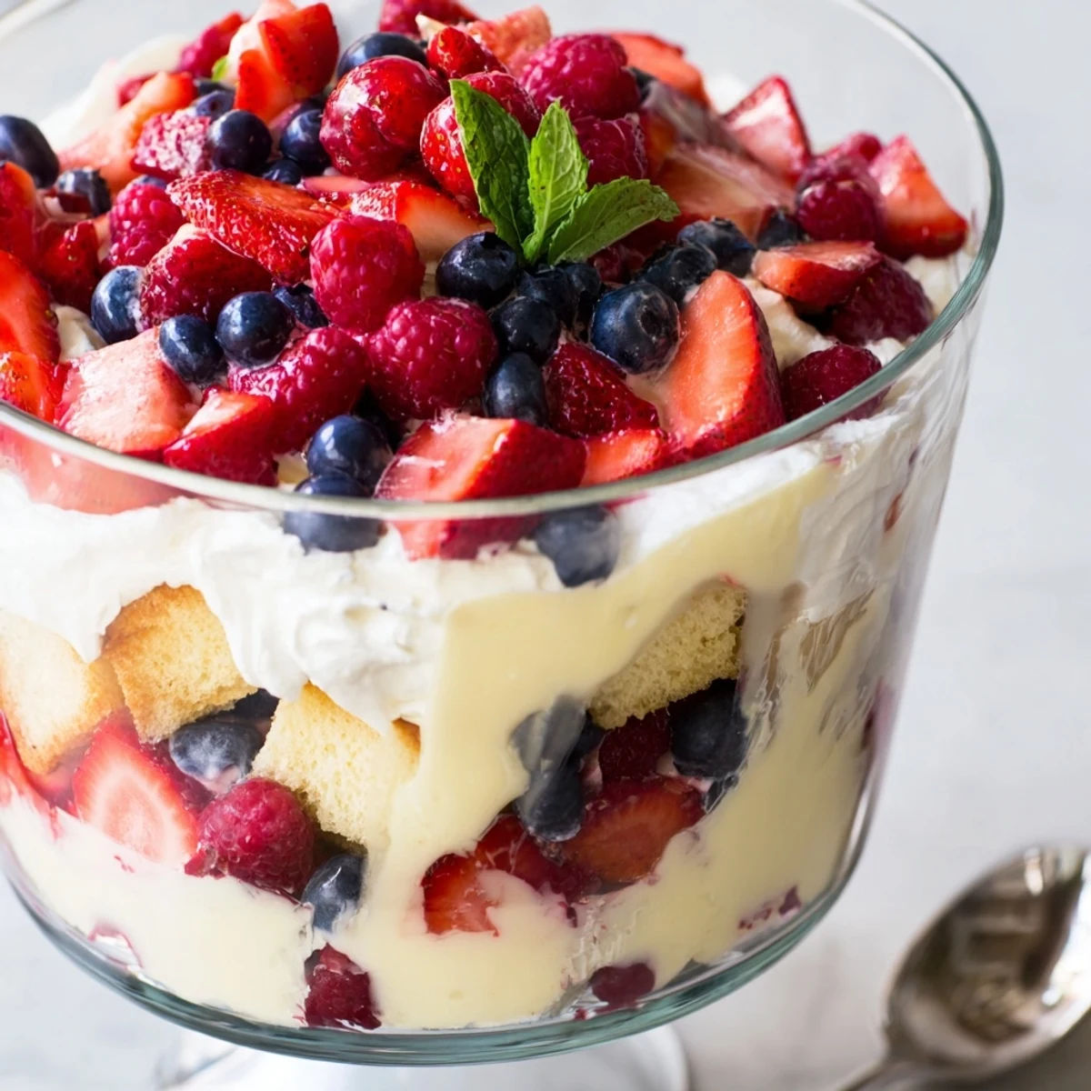 Individual Berry Vanilla Cream Trifle cups showing ruby berries, custard, airy mascarpone