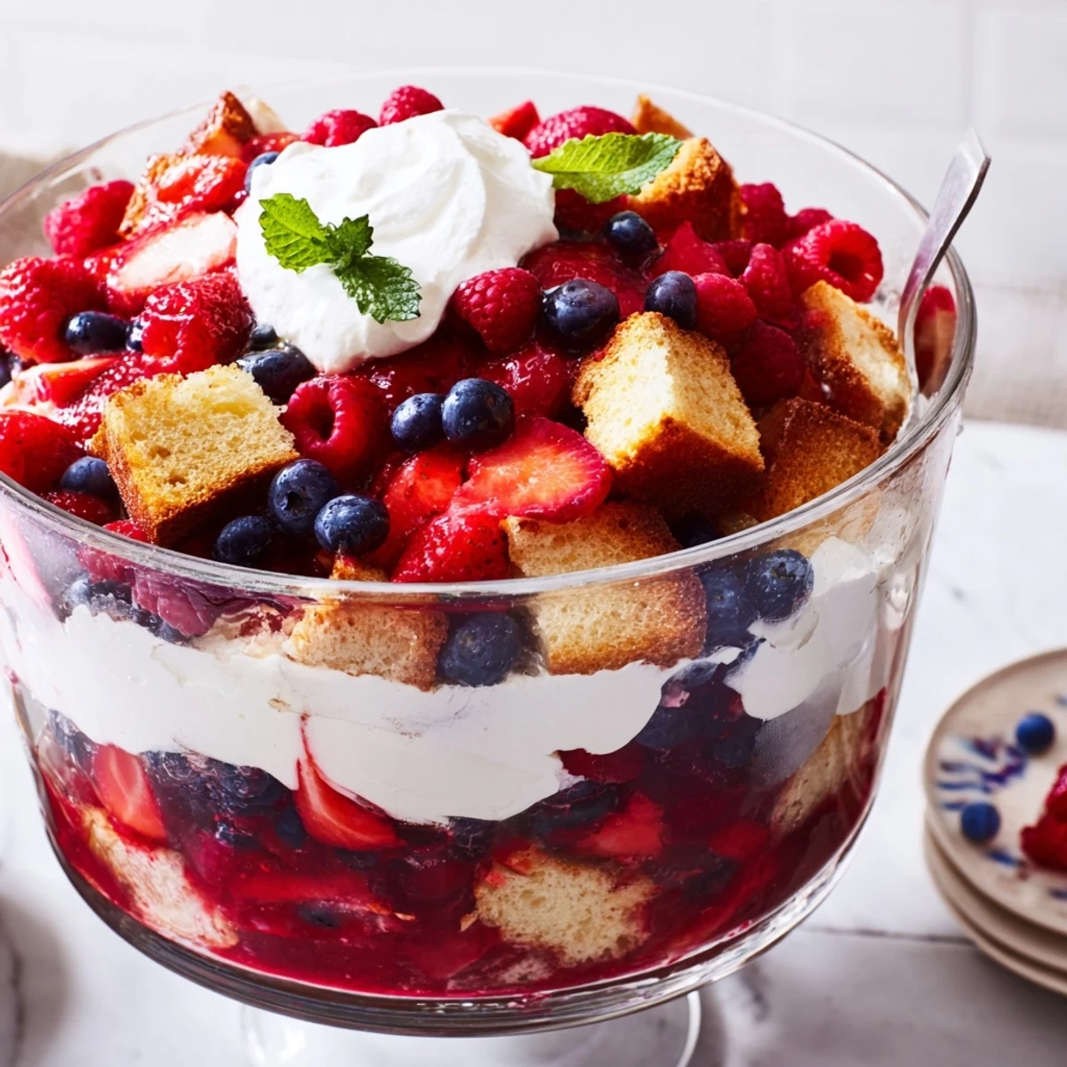 Glass bowl of Berry Vanilla Cream Trifle, chilled, fragrant vanilla and mint