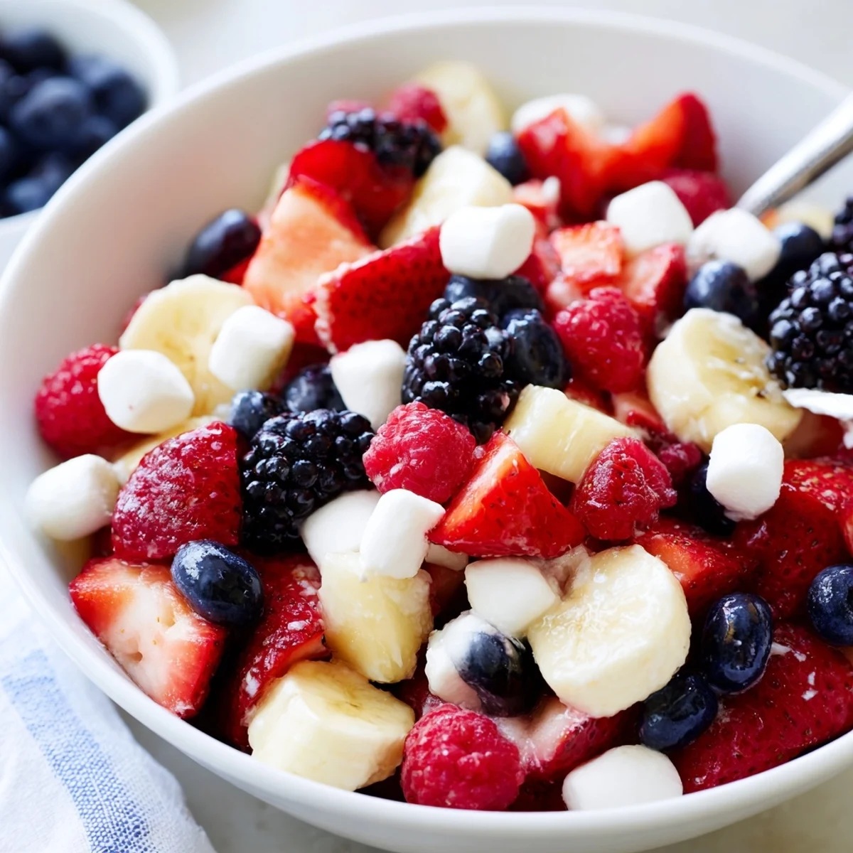 Red White And Blue Fruit Salad served in picnic bowl, soft marshmallows
