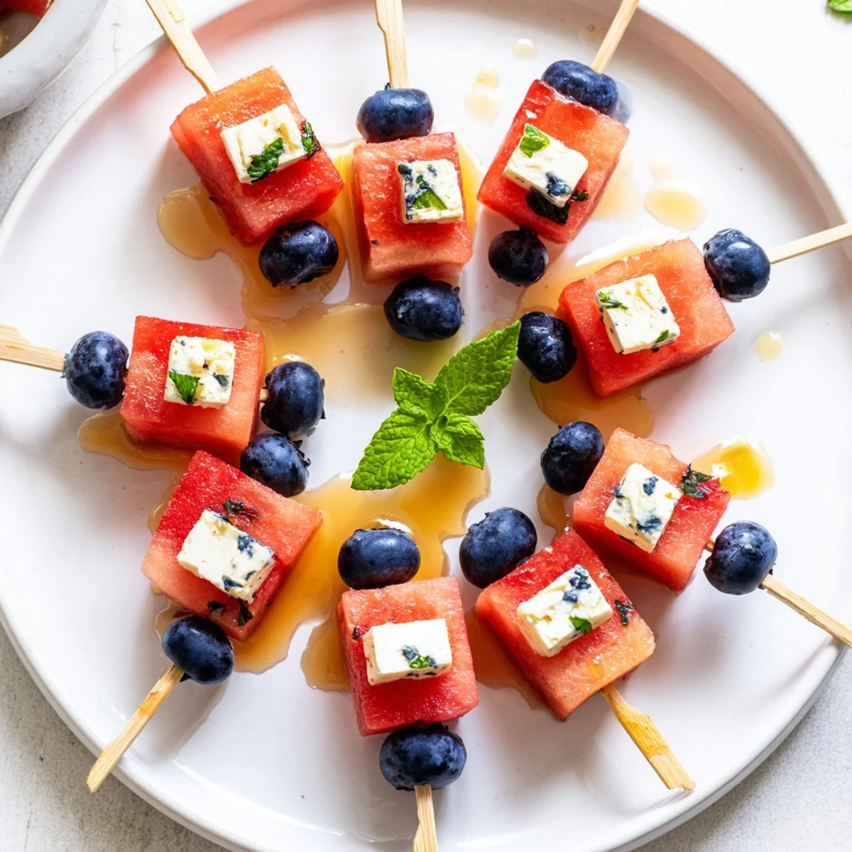 Bright Patriotic Watermelon Feta Skewers drizzled with honey, chilled for summer parties