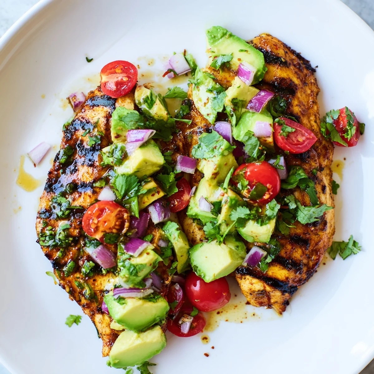 Grilled Fiesta Lime Chicken With Avocado topped with diced cilantro, lime wedge