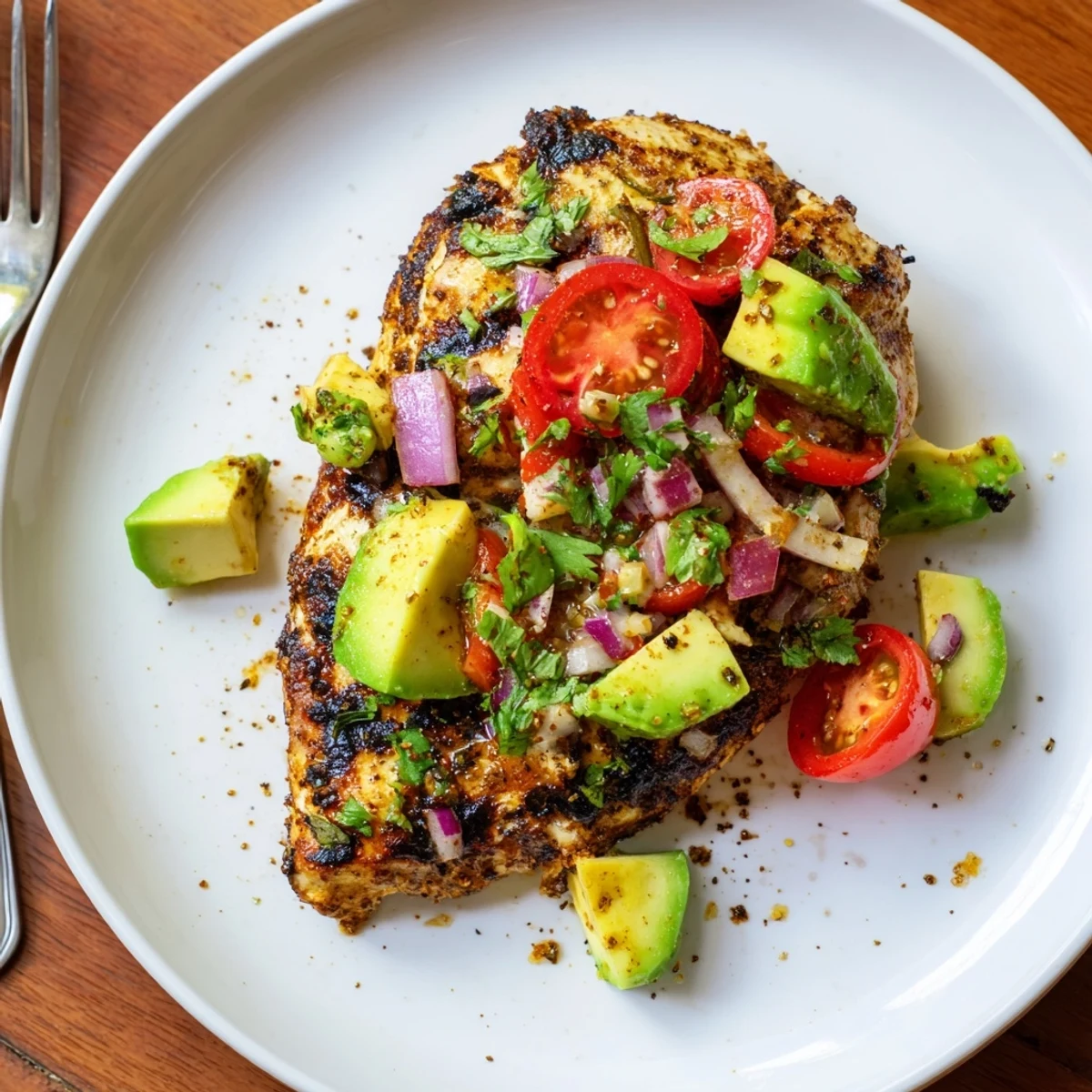 Charred Fiesta Lime Chicken With Avocado crowned by creamy tomato-cilantro salsa
