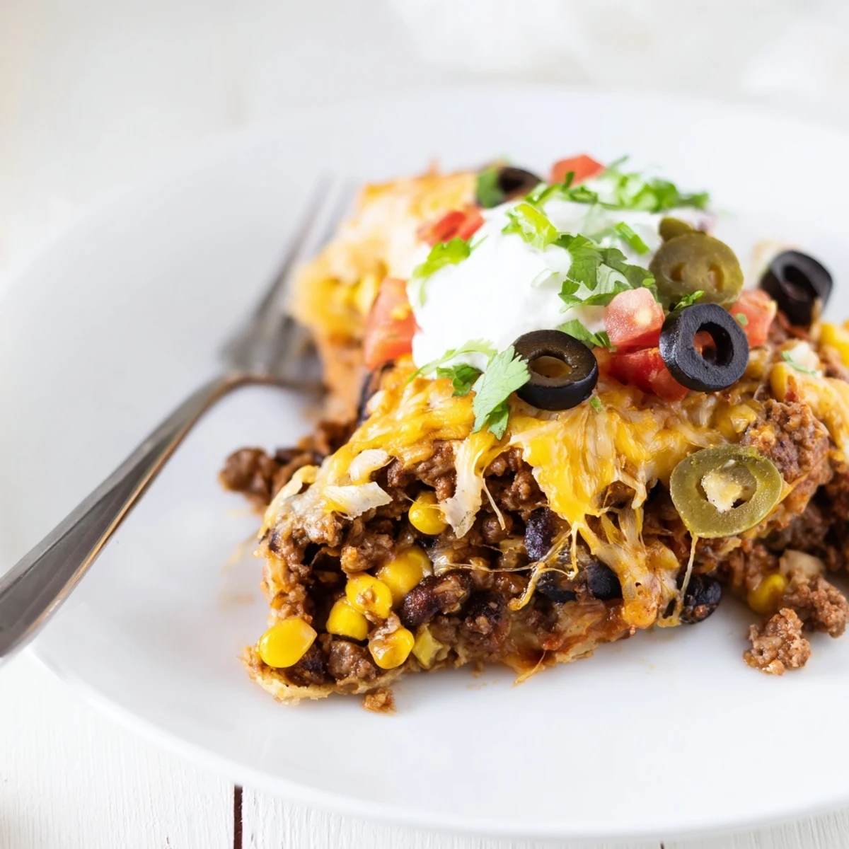 Cheesy Nacho Casserole bubbling golden, layered beef, chips, melted cheddar close-up