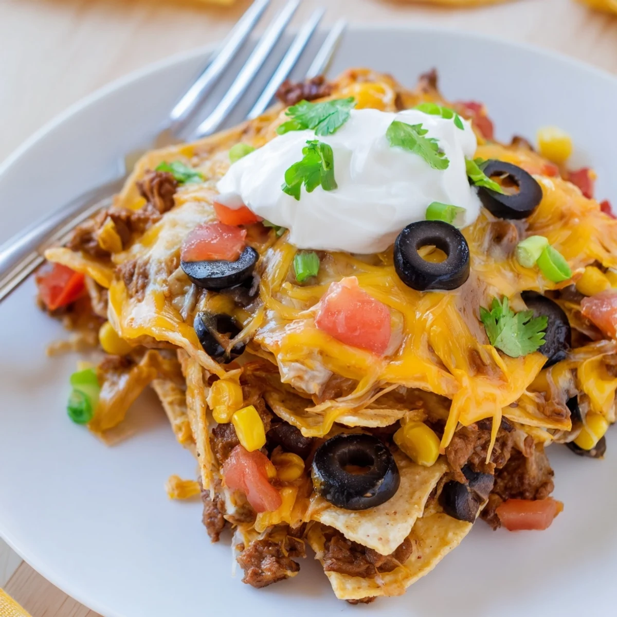 Oven-baked Cheesy Nacho Casserole: crunchy tortilla layers, seasoned beef, gooey cheese