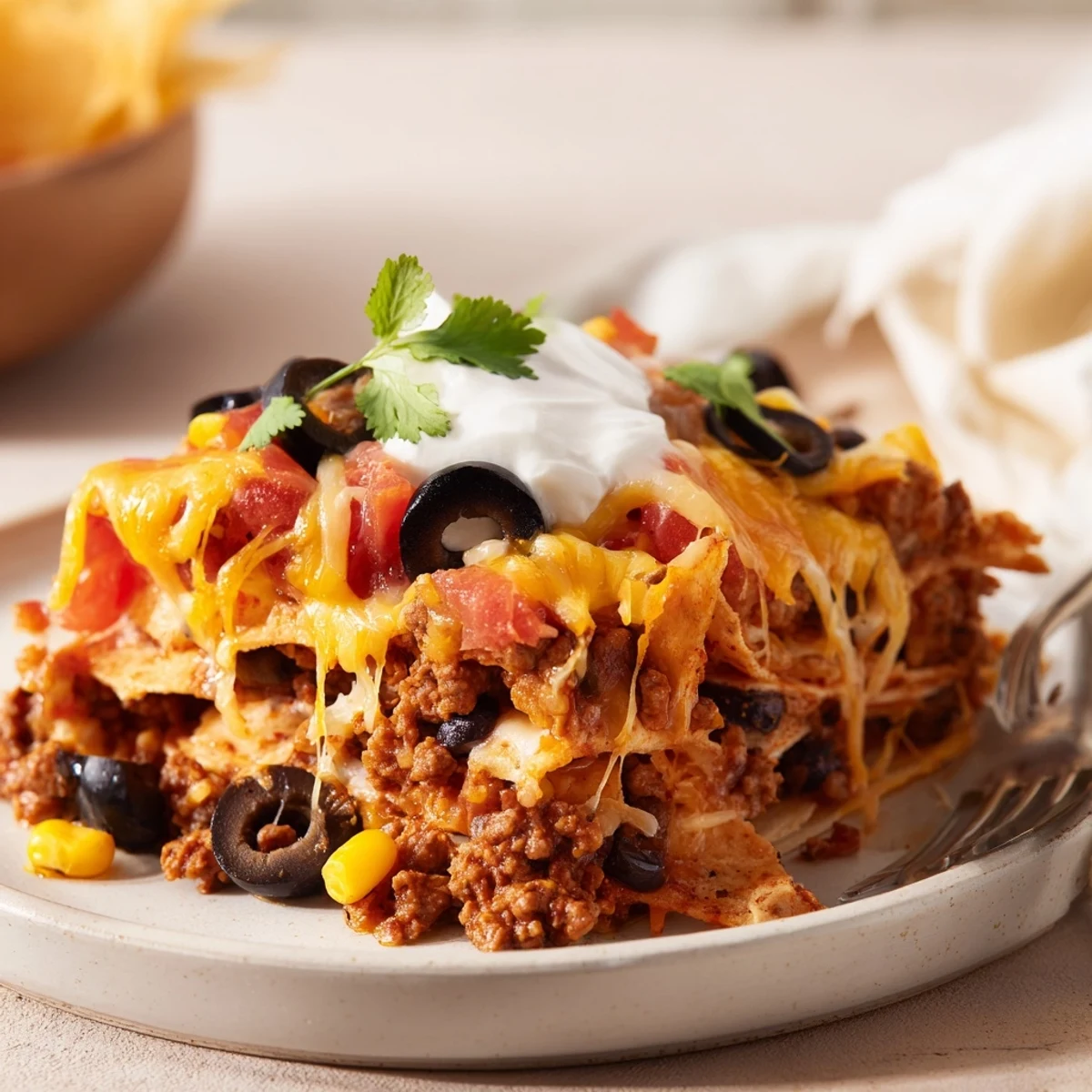 Warm Cheesy Nacho Casserole served with sour cream, cilantro, sliced jalapeños