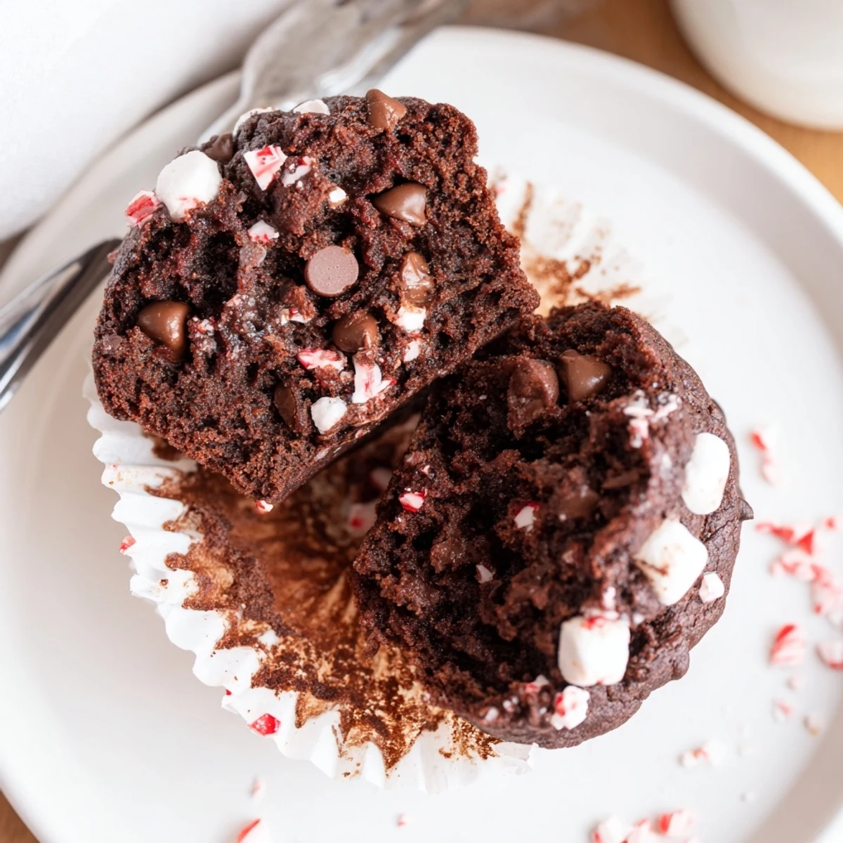 Peppermint Hot Chocolate Muffins fresh from oven, chocolatey crumb and mint aroma