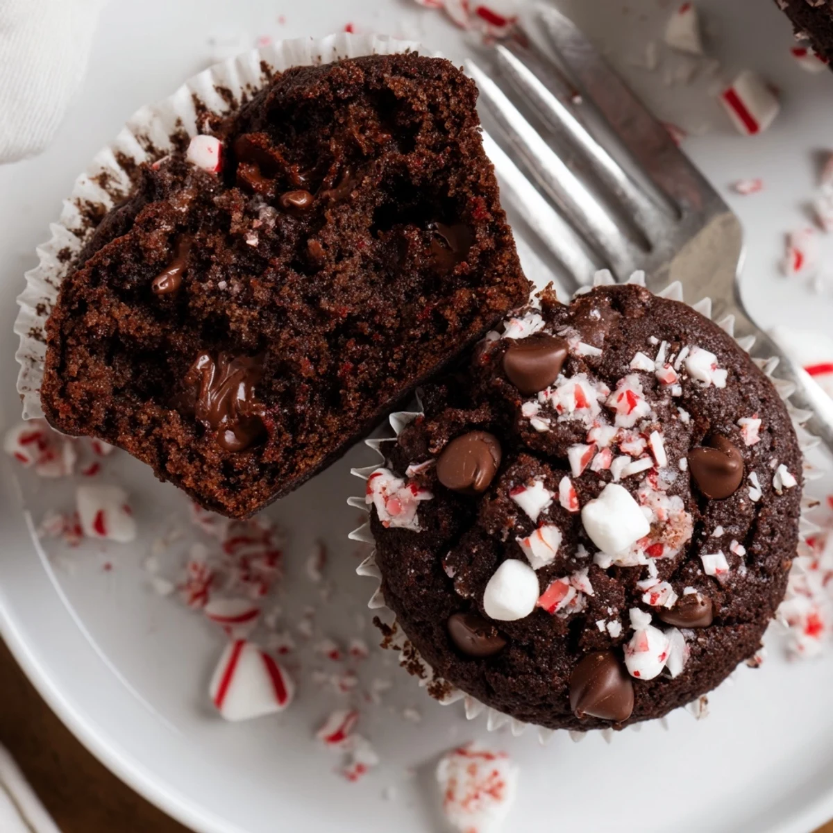 Plate of Peppermint Hot Chocolate Muffins with whipped cream swirl, marshmallow garnish