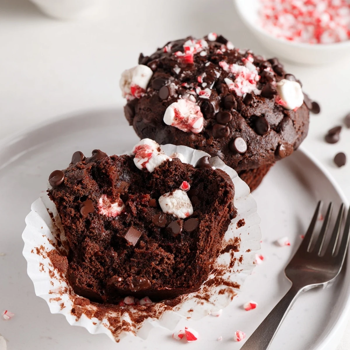 Warm Peppermint Hot Chocolate Muffins topped with melted chips and crushed candy