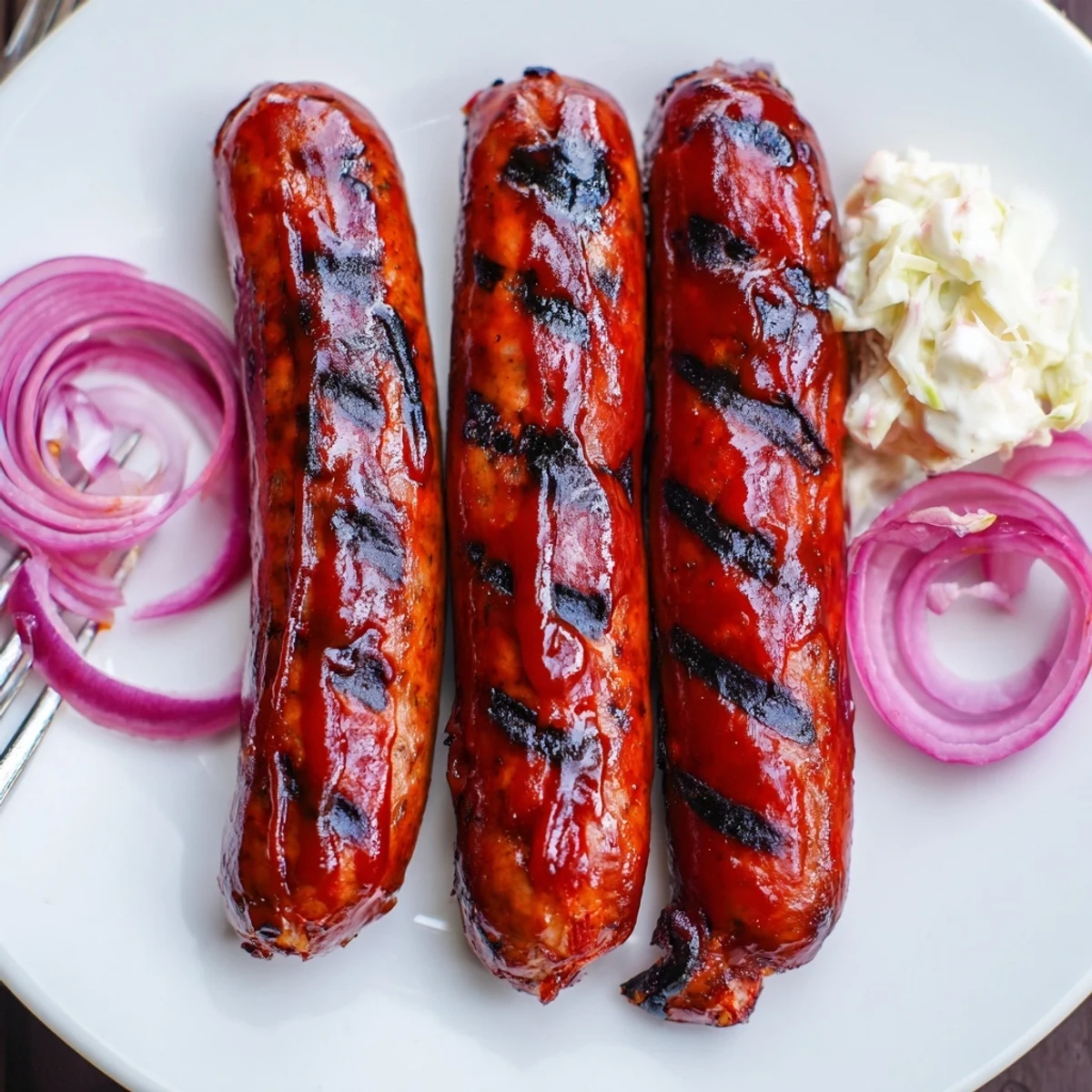 BBQ Sausage Recipe: charred, glossy links brushed with tangy sauce on grill.