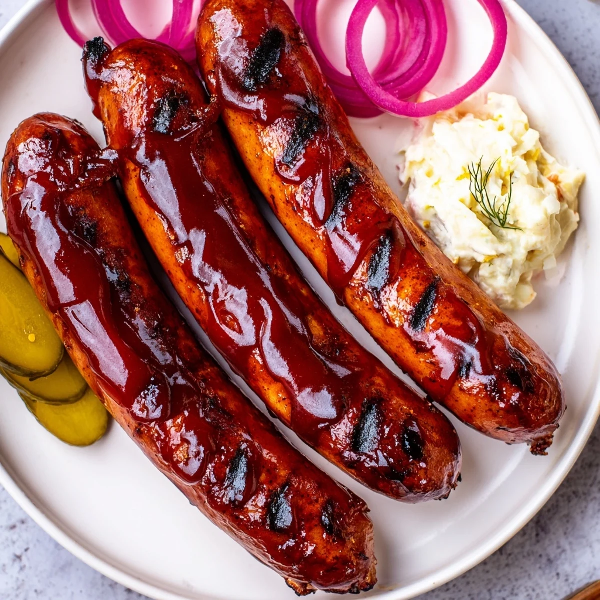 Grilled summer platter featuring BBQ Sausage Recipe with buns, pickles, and coleslaw.