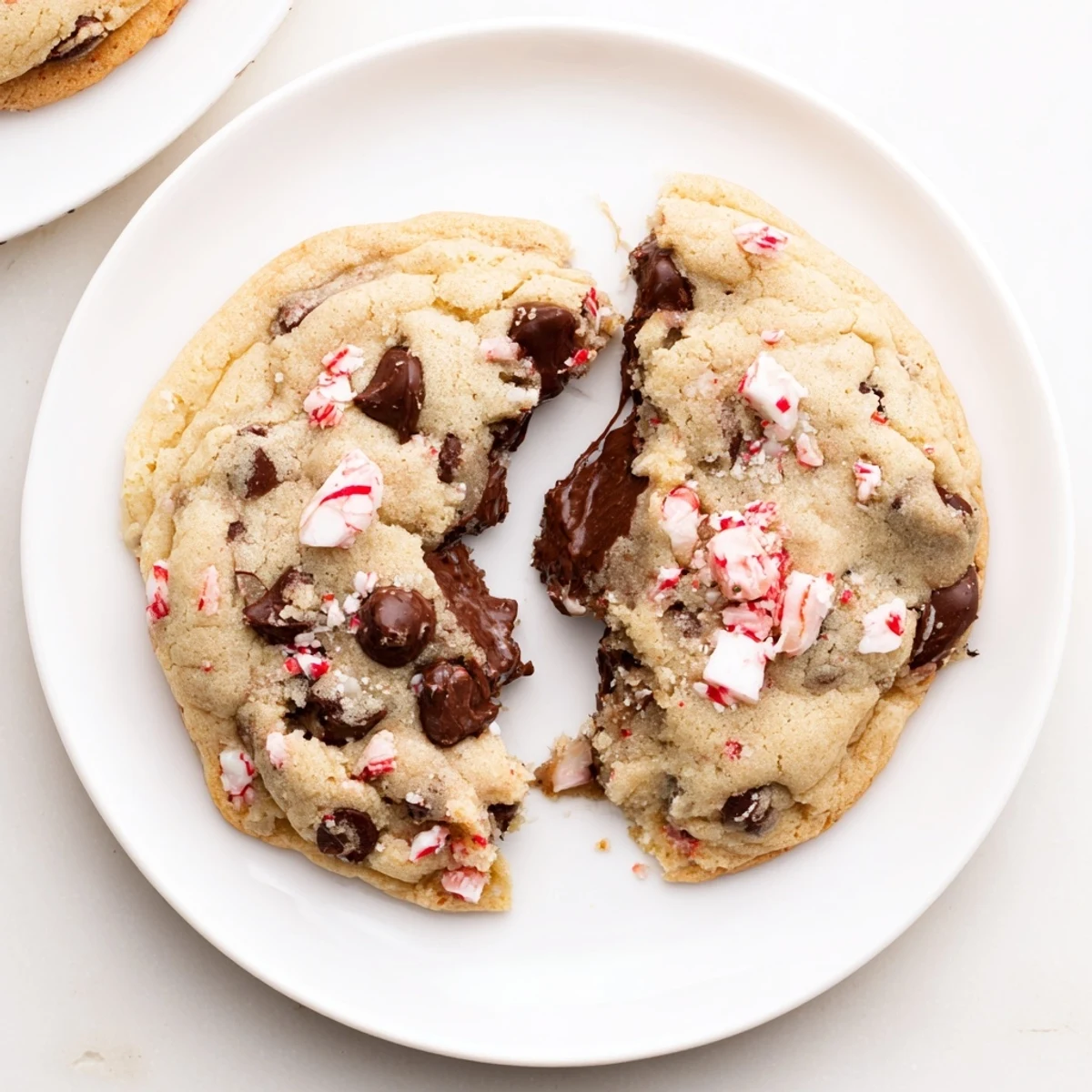 A stack of Peppermint Chocolate Chip Cookies garnished with snowy peppermint crumbs