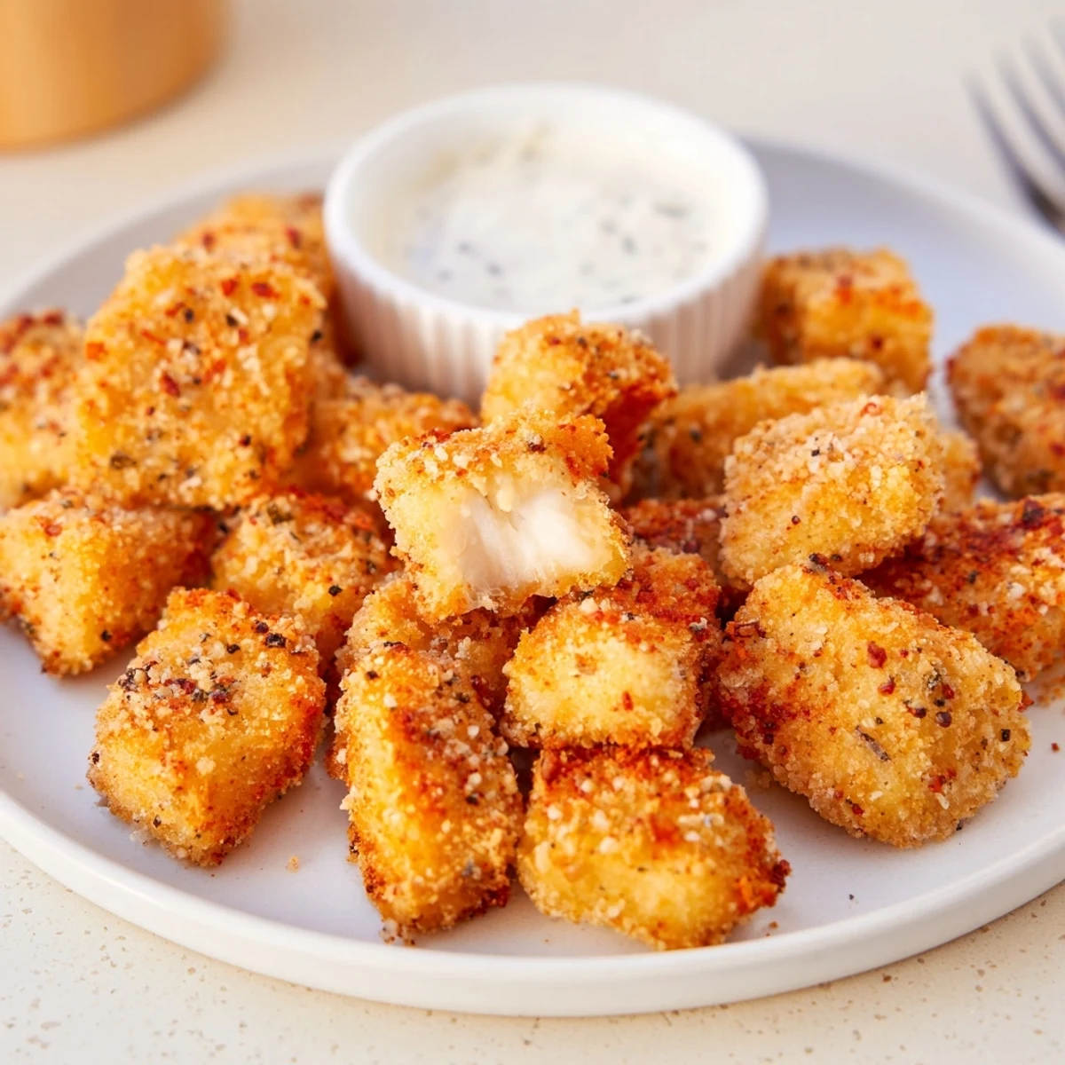 Golden, crispy Chicken Bites piled on a plate, steam rising, ranch nearby.