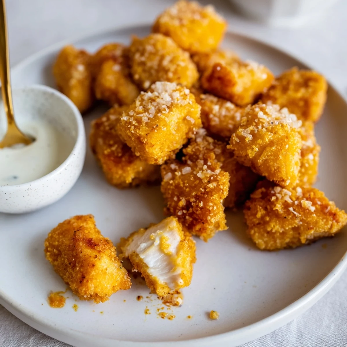 Juicy Chicken Bites with crunchy coating, served with honey mustard and parsley.