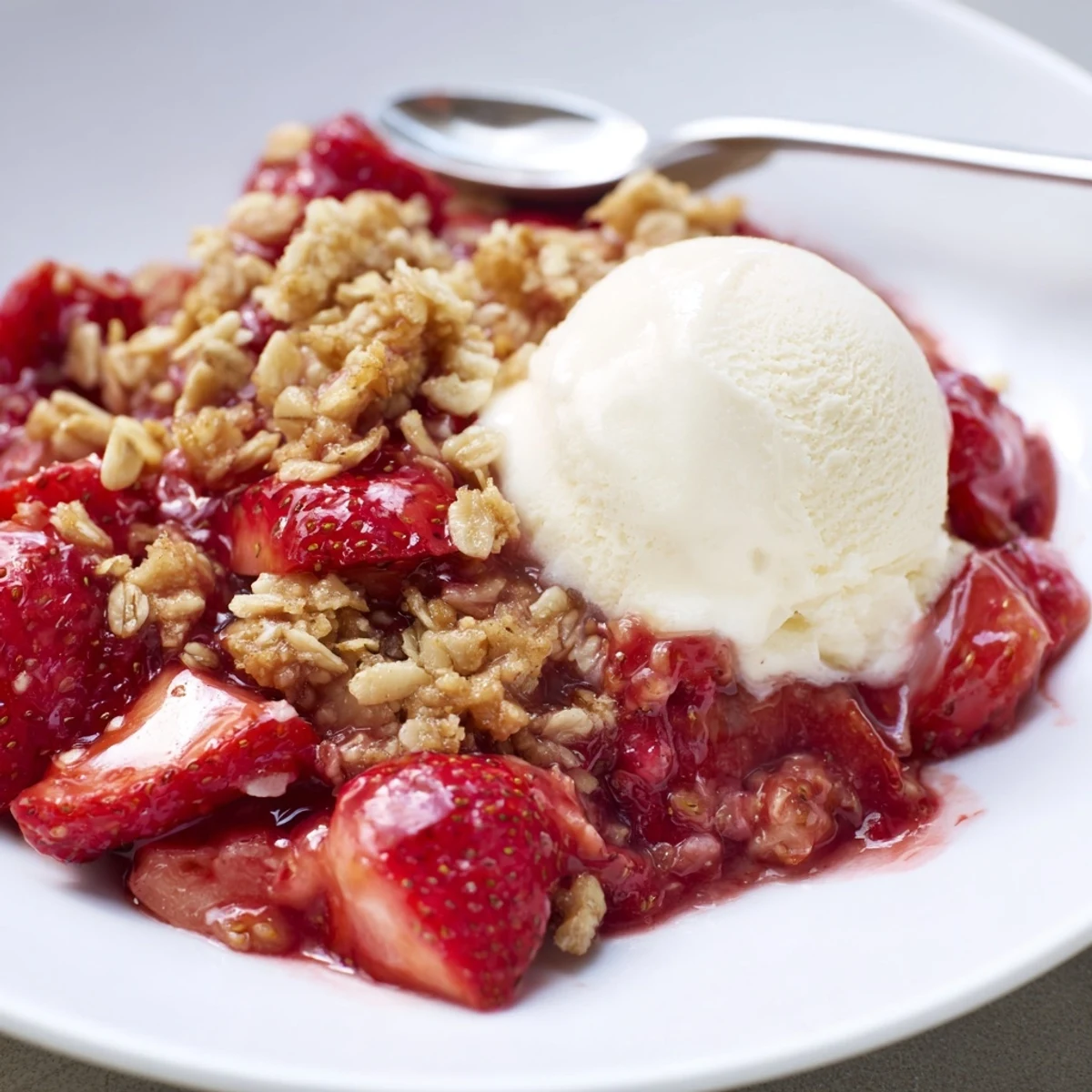 Fresh Strawberry Crisp Recipe bubbling in a baking dish, golden oat topping