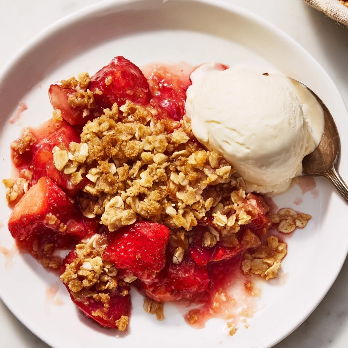 Warm Fresh Strawberry Crisp Recipe served with melting vanilla ice cream scoop