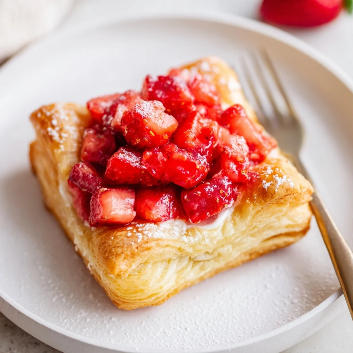 Warm Strawberry Danish Recipe with flaky pastry, creamy cheese, and glossy strawberries