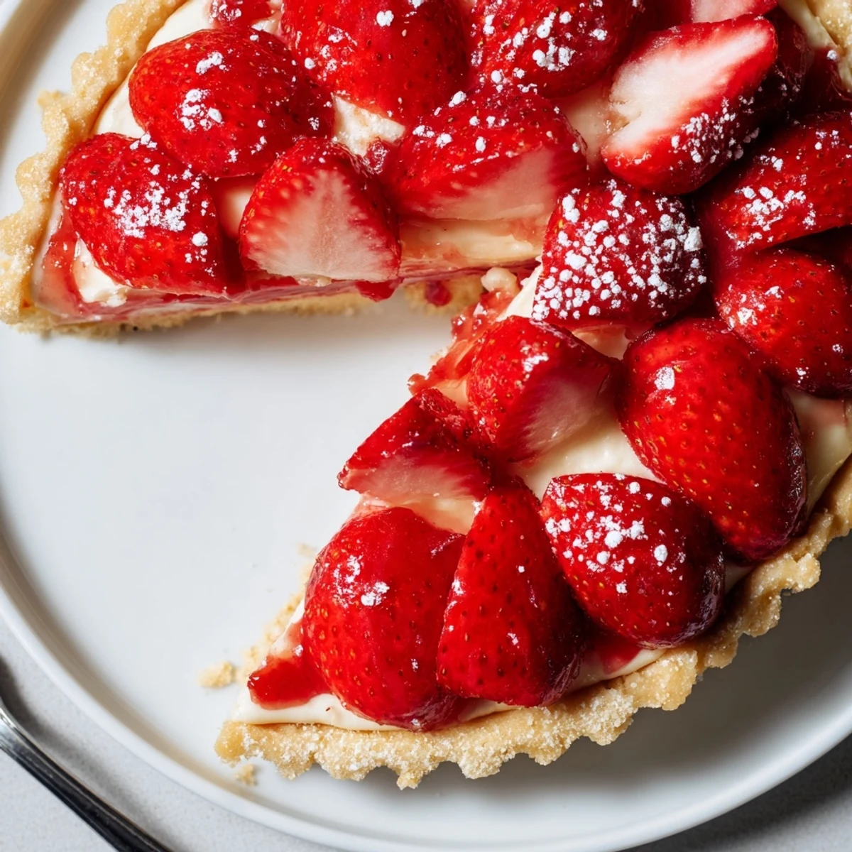 Sliced Tarte aux Fraises on ceramic plate, creamy custard and fragrant vanilla