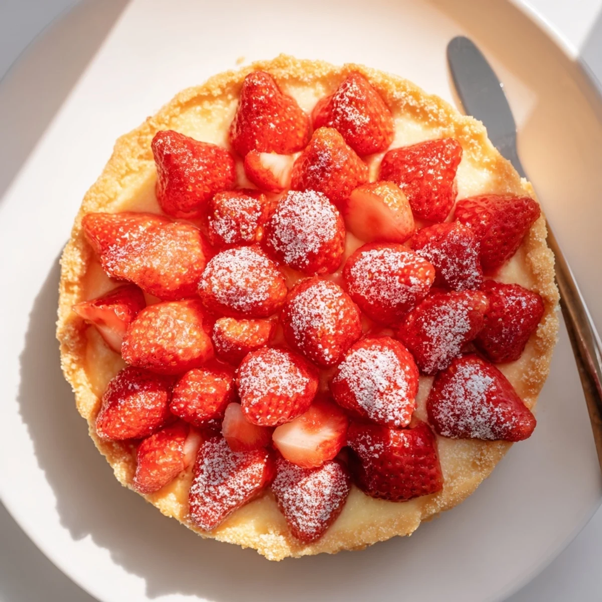 Chilled Tarte aux Fraises topped with halved berries, ideal summer picnic dessert