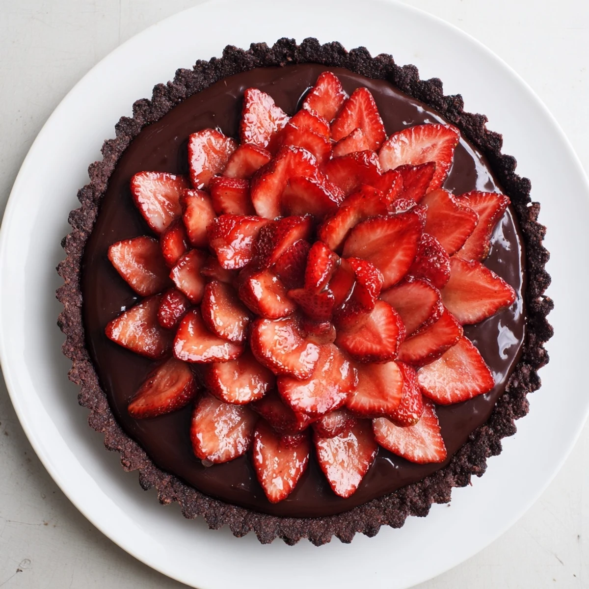 Dark Chocolate Strawberry Tart Recipe with glossy ganache and sliced strawberries, chilled.