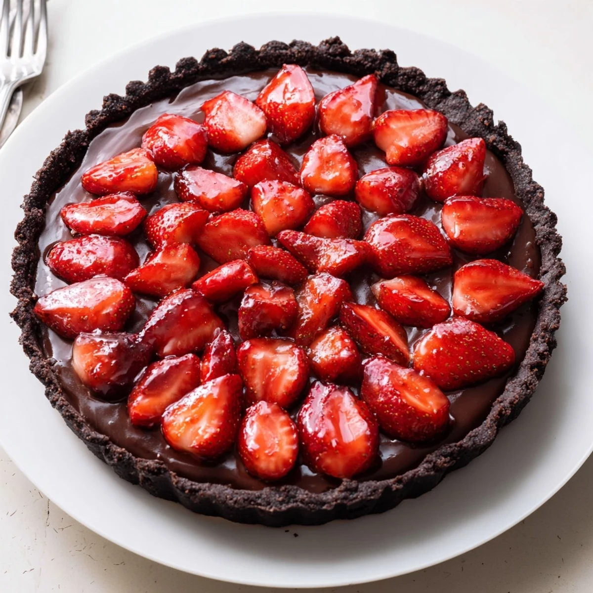 Plated Dark Chocolate Strawberry Tart Recipe showing crisp chocolate crust, fresh berries.