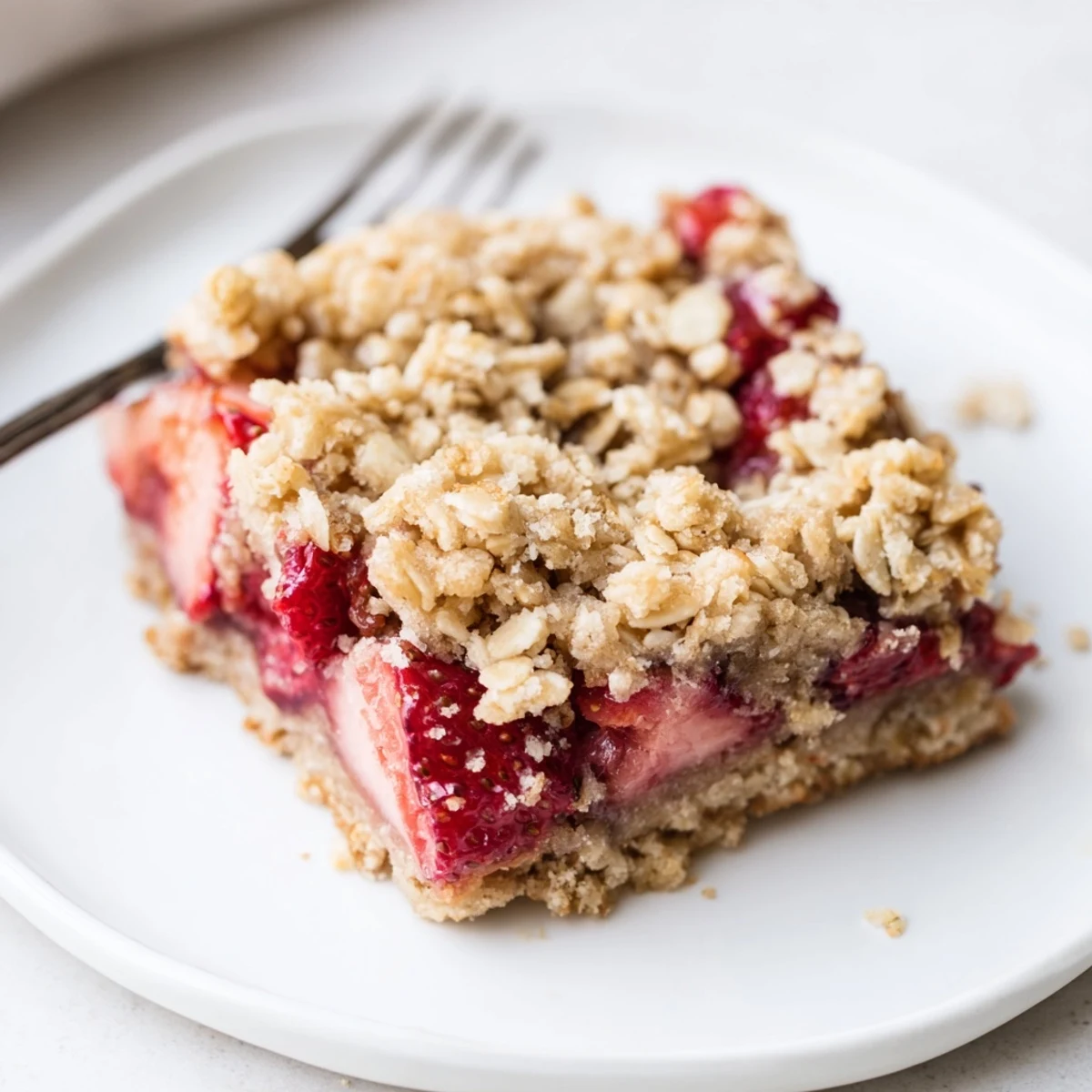 Warm Strawberry Oatmeal Crumble Bars recipe cooling on parchment, bubbling fruit filling.