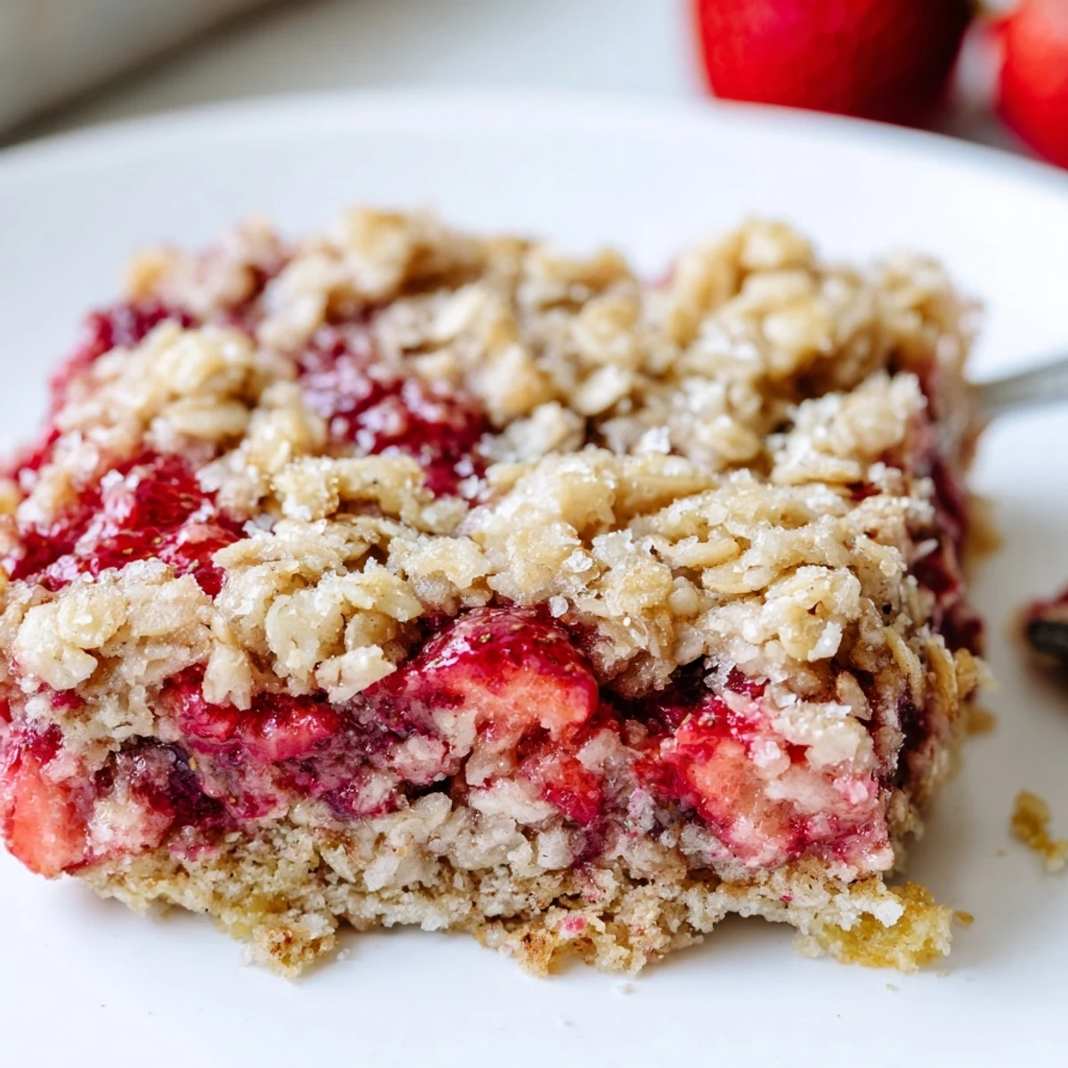 Slice of Strawberry Oatmeal Crumble Bars Recipe served warm with vanilla ice cream.
